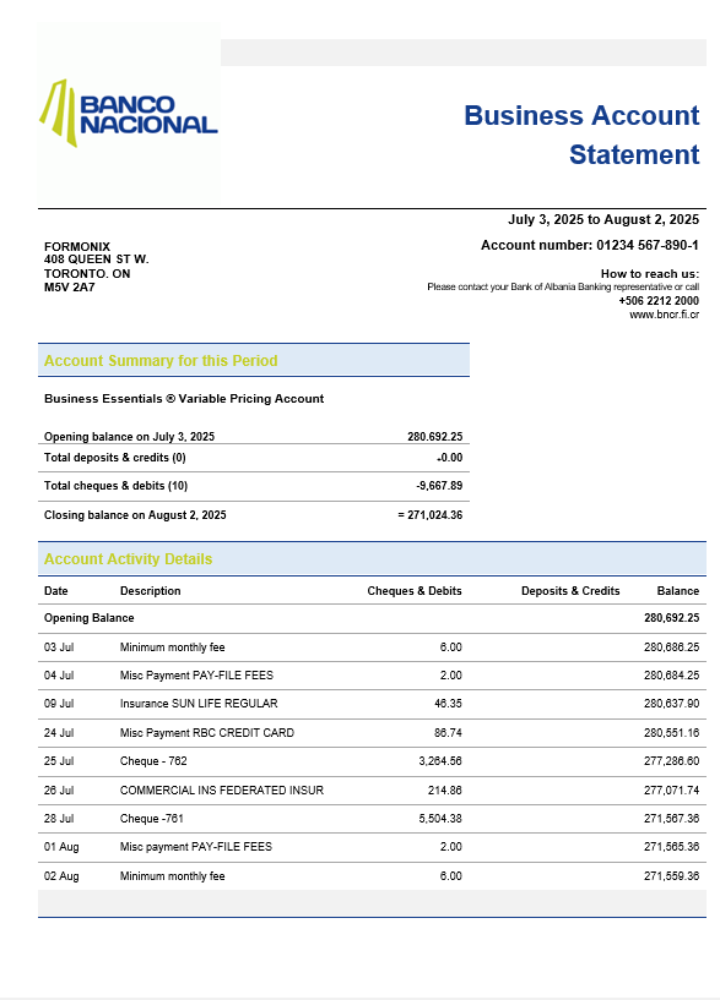 Relevé de compte de la société bancaire commerciale du Costa Rica Banco Nacional de Costa Rica Format Word et PDF